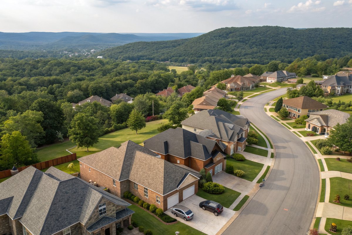 Aerial view of a hillside subdivision of shingle-roofed homes along a curving street through oak woods