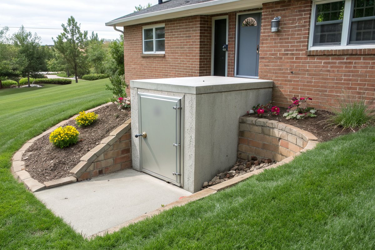 A concrete backyard storm shelter with a steel door beside a brick house
