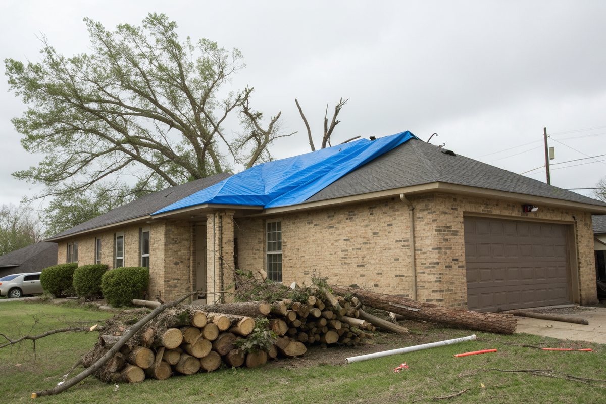 A tan brick ranch house with a blue tarp on its roof and cut limbs stacked in the yard