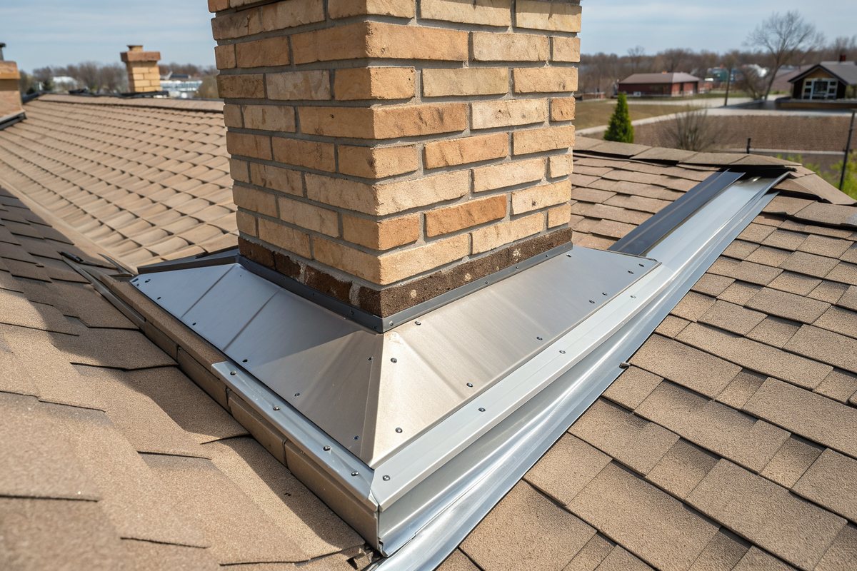 Metal flashing where a tan brick chimney meets a brown shingle roof