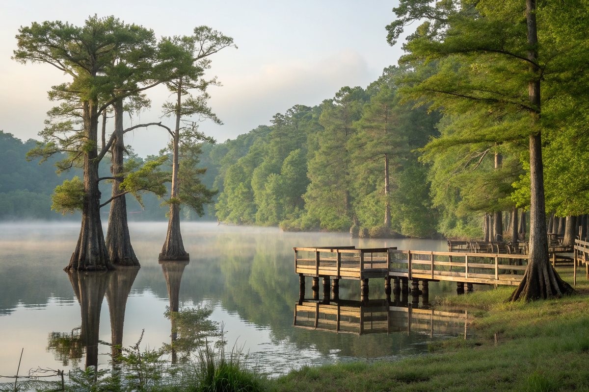 Cypress trees standing in a calm lake beside a small wooden dock in morning mist