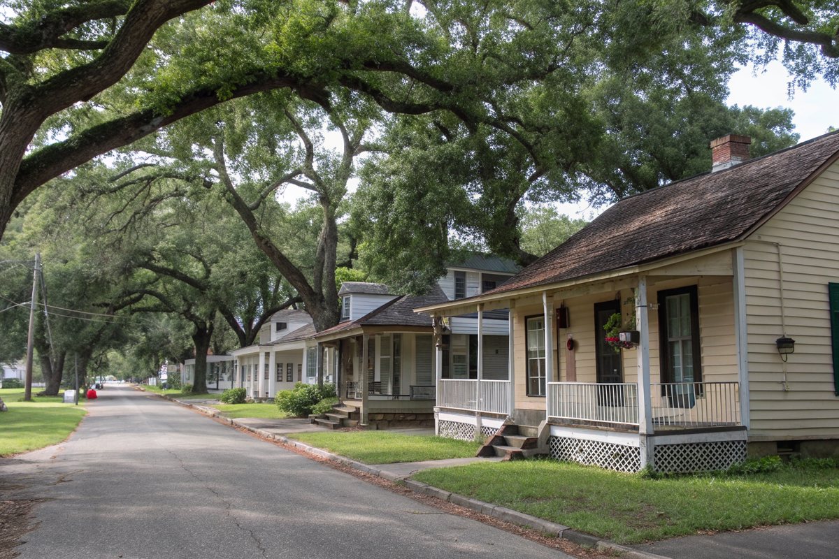 A row of small porch houses on a quiet older street shaded by big trees