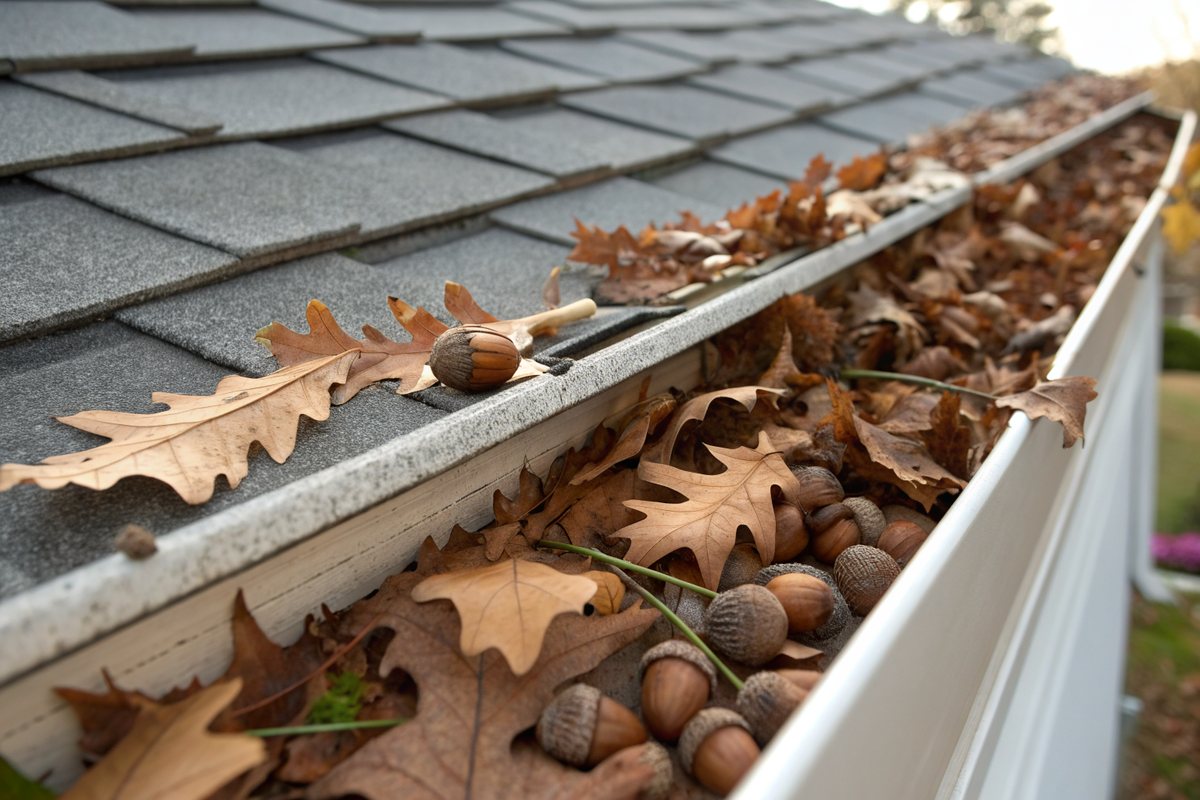 A white gutter packed with oak leaves and acorns along a shingle roof edge