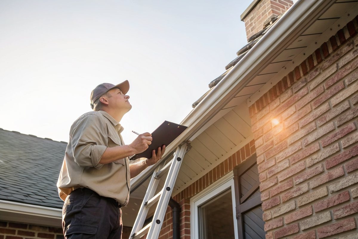 A man on a ladder checking the roof edge of a brick home with a clipboard