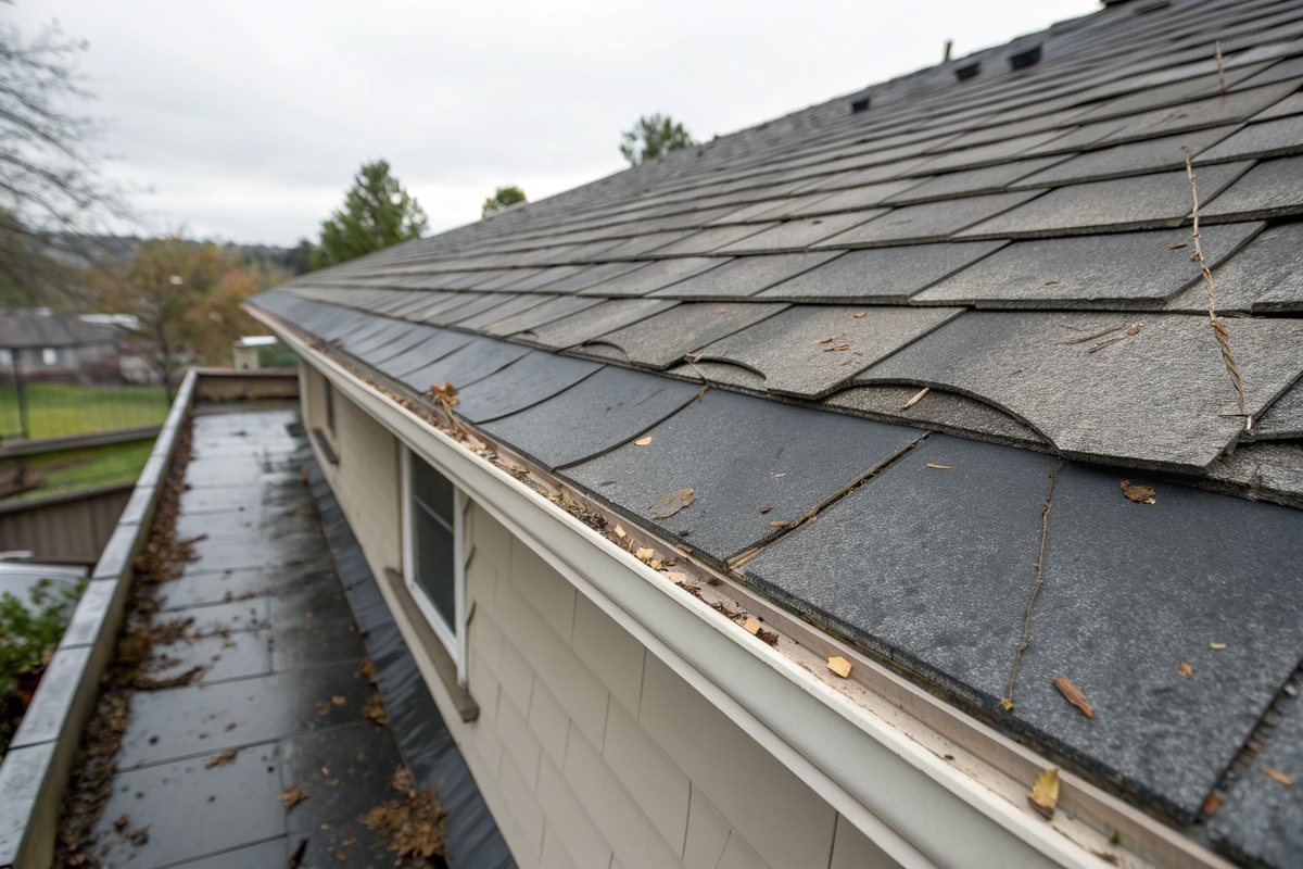 Lifted and creased shingle tabs along a gutter edge after strong wind