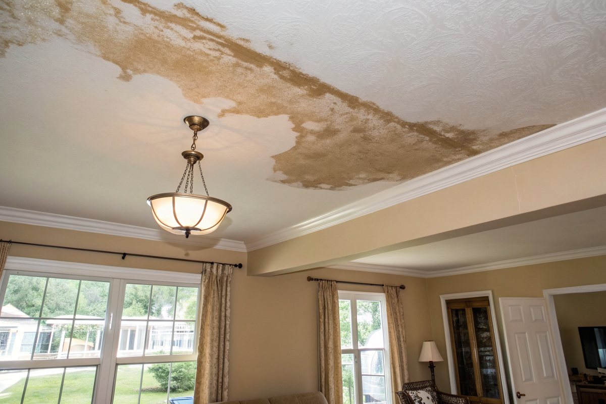 A brown water stain spreading across a living room ceiling near a light fixture