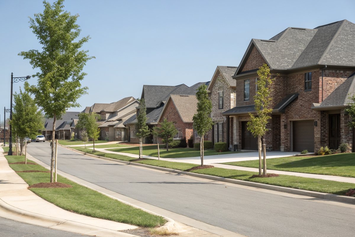 A street of new brick-front homes with gray shingle roofs and young trees