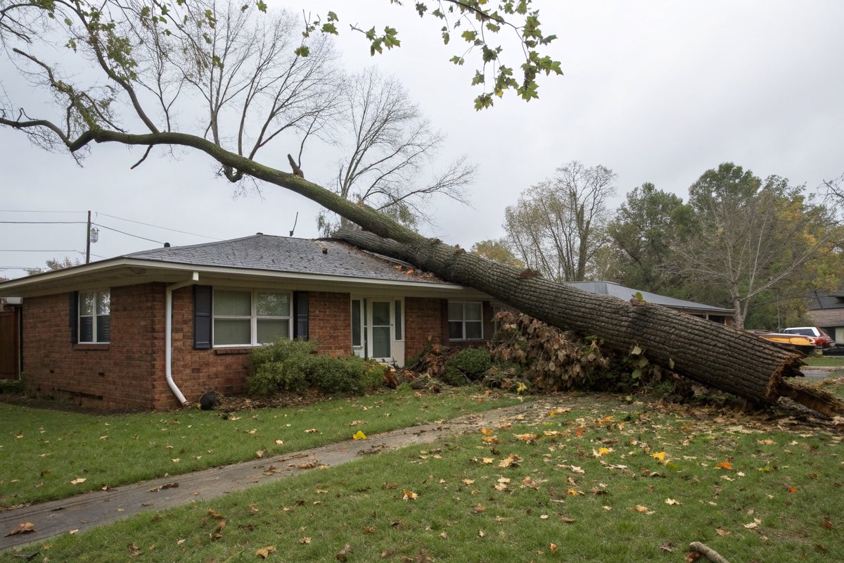 A large oak limb fallen across the roof of a brick ranch house after a storm