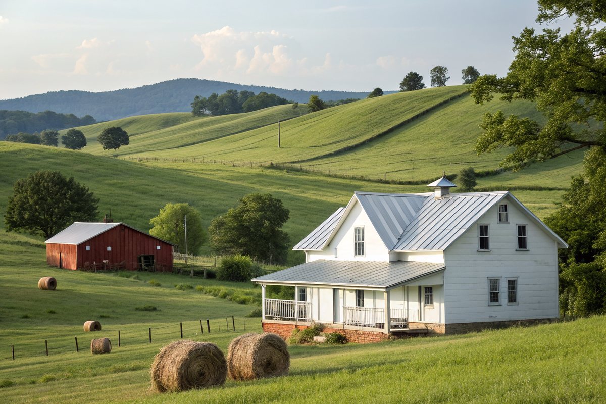 A white country house with a silver metal roof beside a red barn and round hay bales