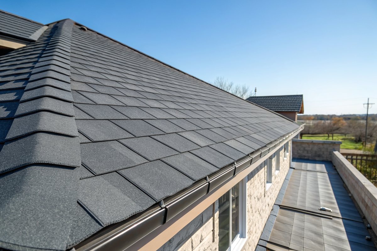 Rows of new dark gray architectural shingles along the edge of a freshly replaced roof