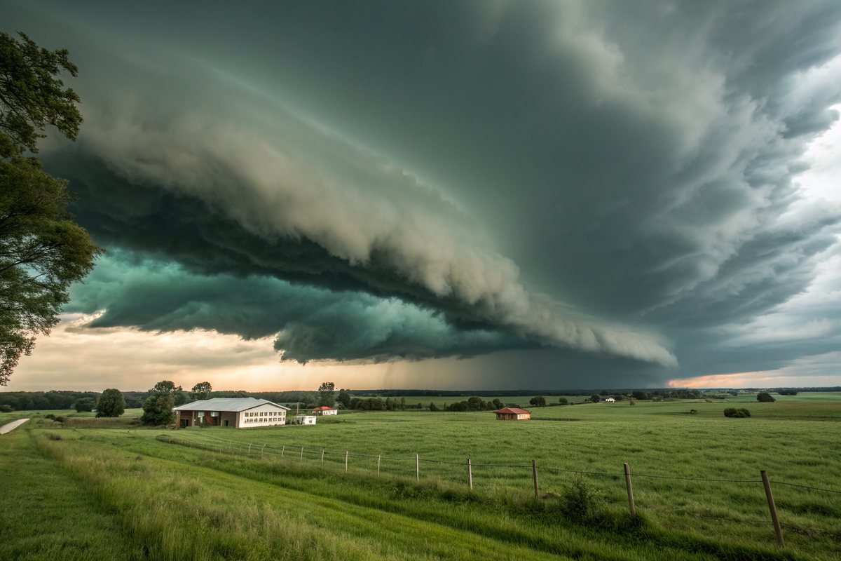 A dark shelf cloud rolling over open pasture and distant farmhouse roofs