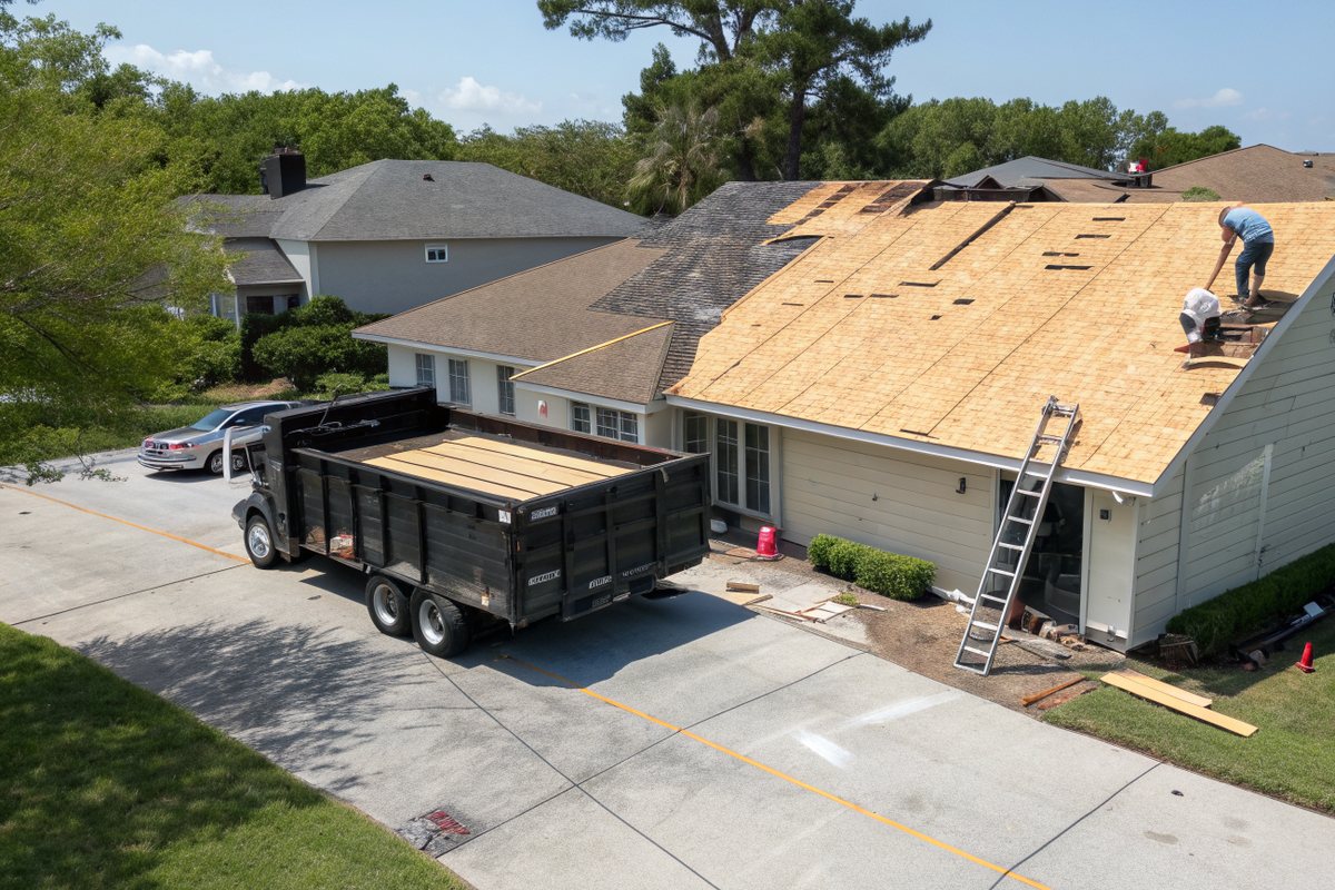 A one-story house with its old shingles stripped to the plywood decking and a dump trailer in the driveway