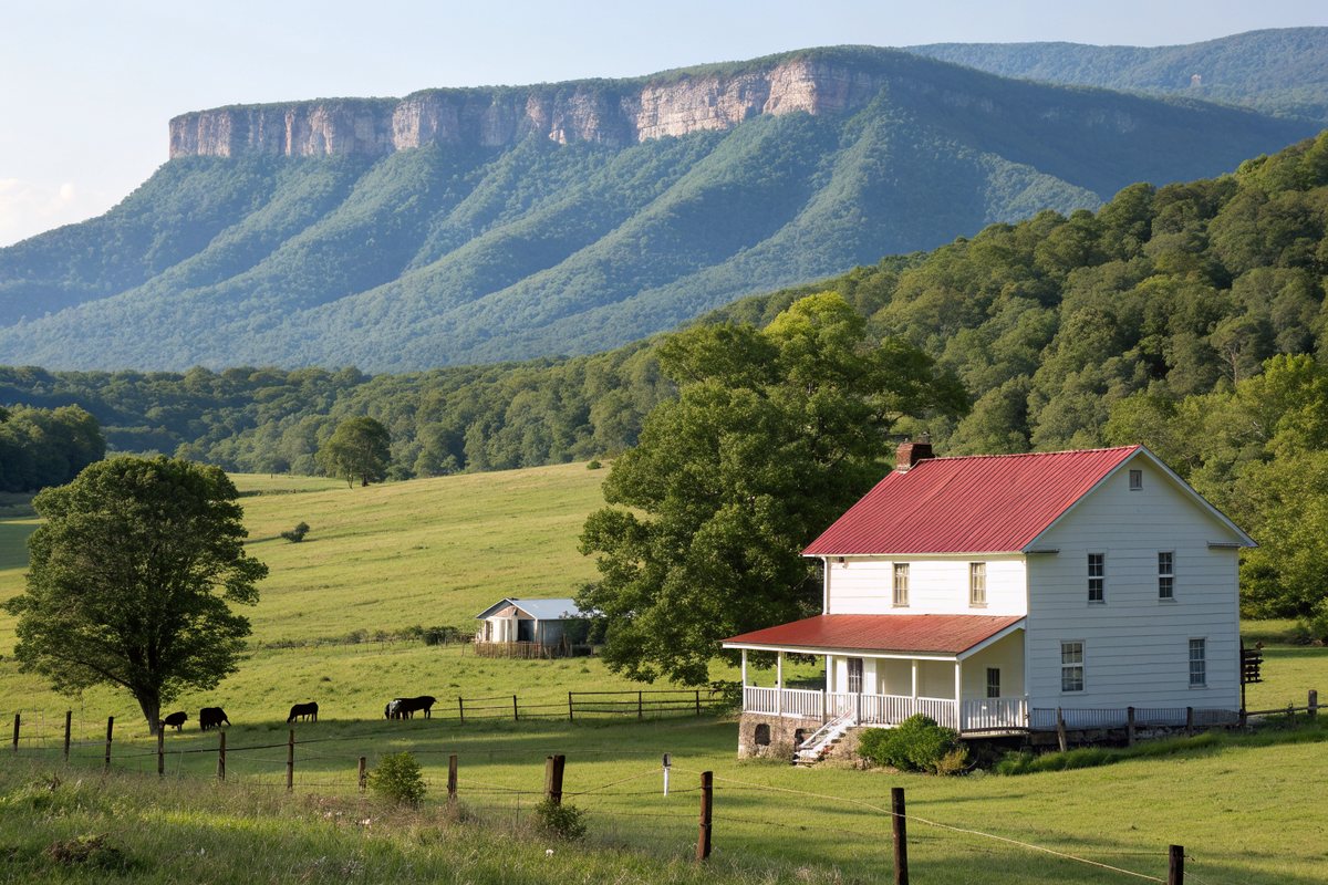 A white farmhouse with a red metal roof in a green valley below a long flat-topped mountain
