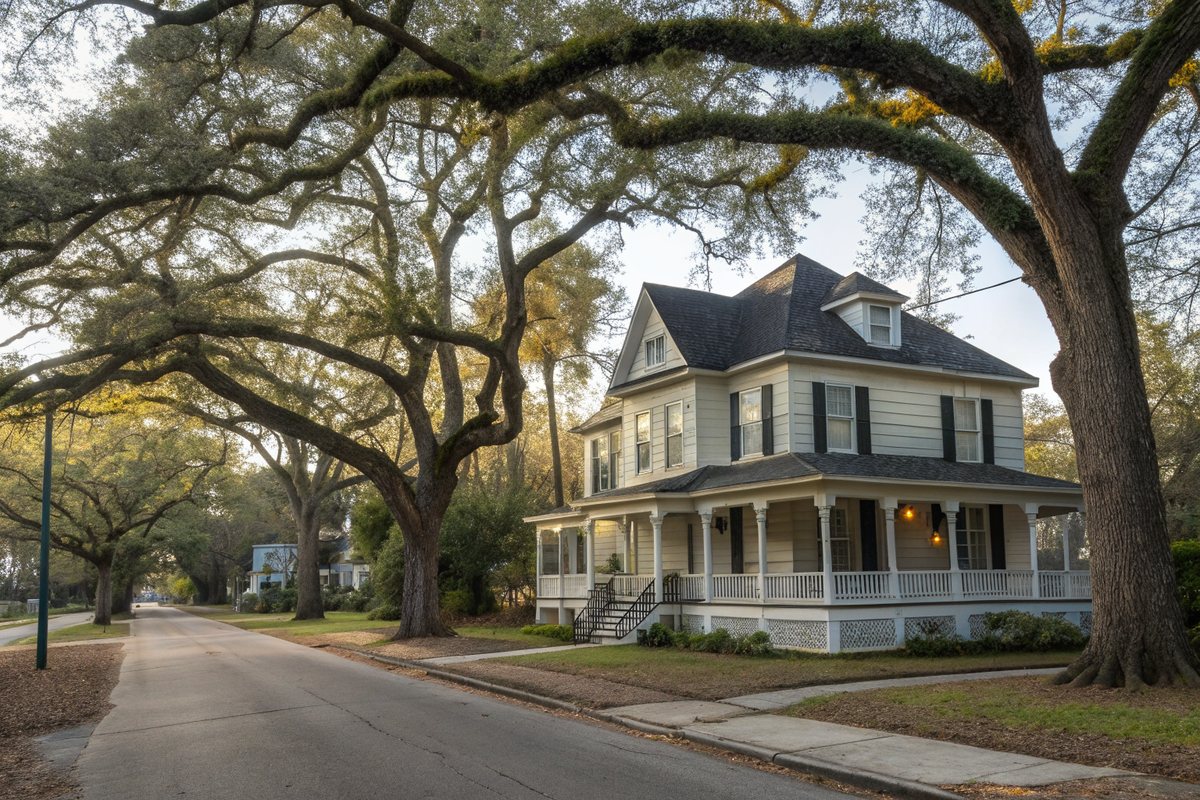 A restored two-story Victorian house with a wraparound porch on an old tree-lined street